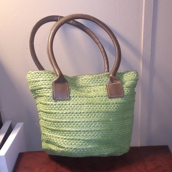 Avon Handbags - Avon Lime Green 10” Woven Knitted Hand Bag Purse with Brown Leather Handles